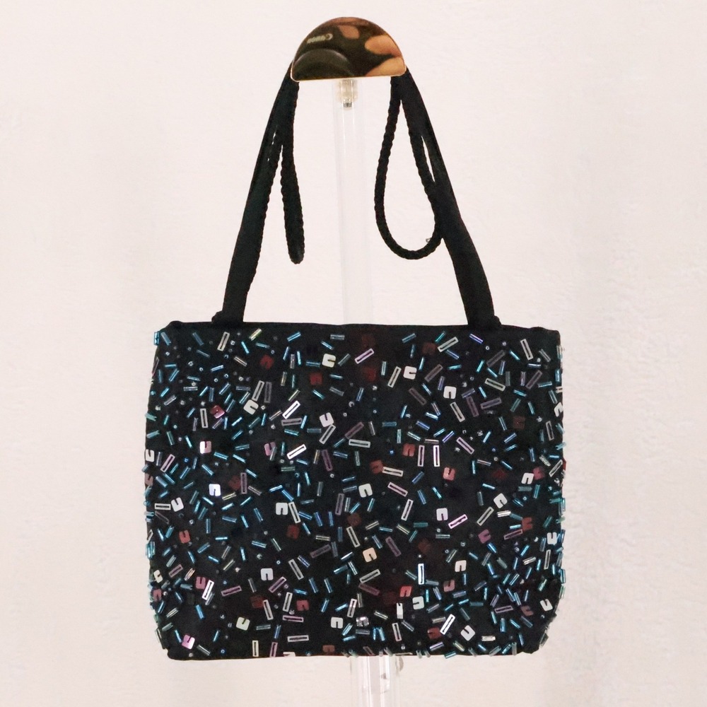 Vintage Y2K Beaded Sequin Mini Handbag Womens Black Confetti Evening Party Prom